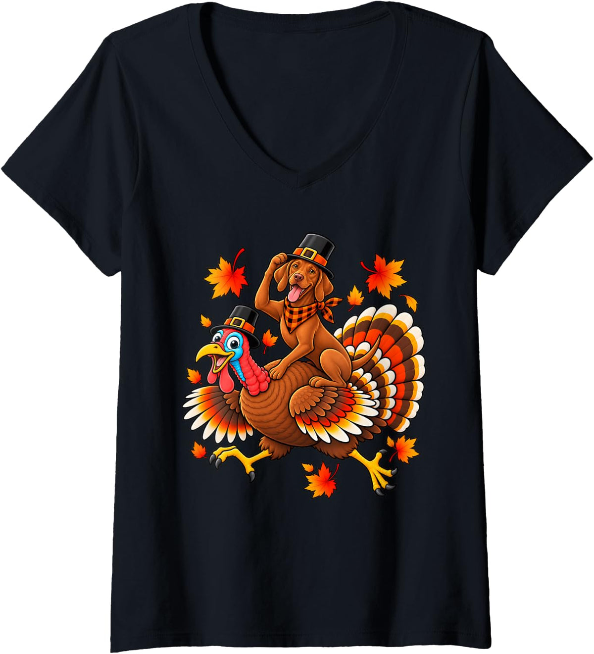 Women's Cute Pilgrim Vizsla Dog Riding Turkey Thanksgiving V-Neck T-Shirt - Black