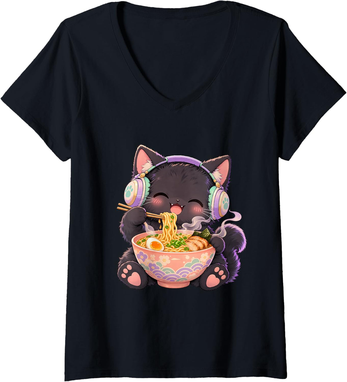 Women's Cute Kawaii Black Cat Eating Ramen Noodles Anime Art V-Neck T-Shirt - Black