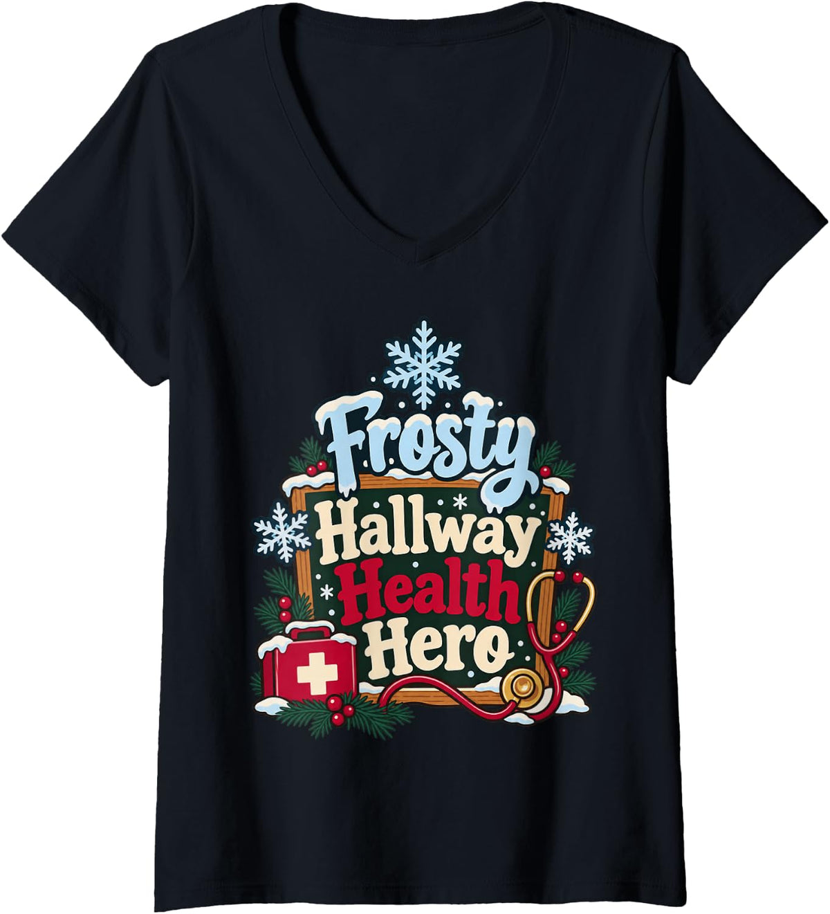 Women's School Nurse Winter Christmas Holiday Nursing Appreciation V-Neck T-Shirt - Black