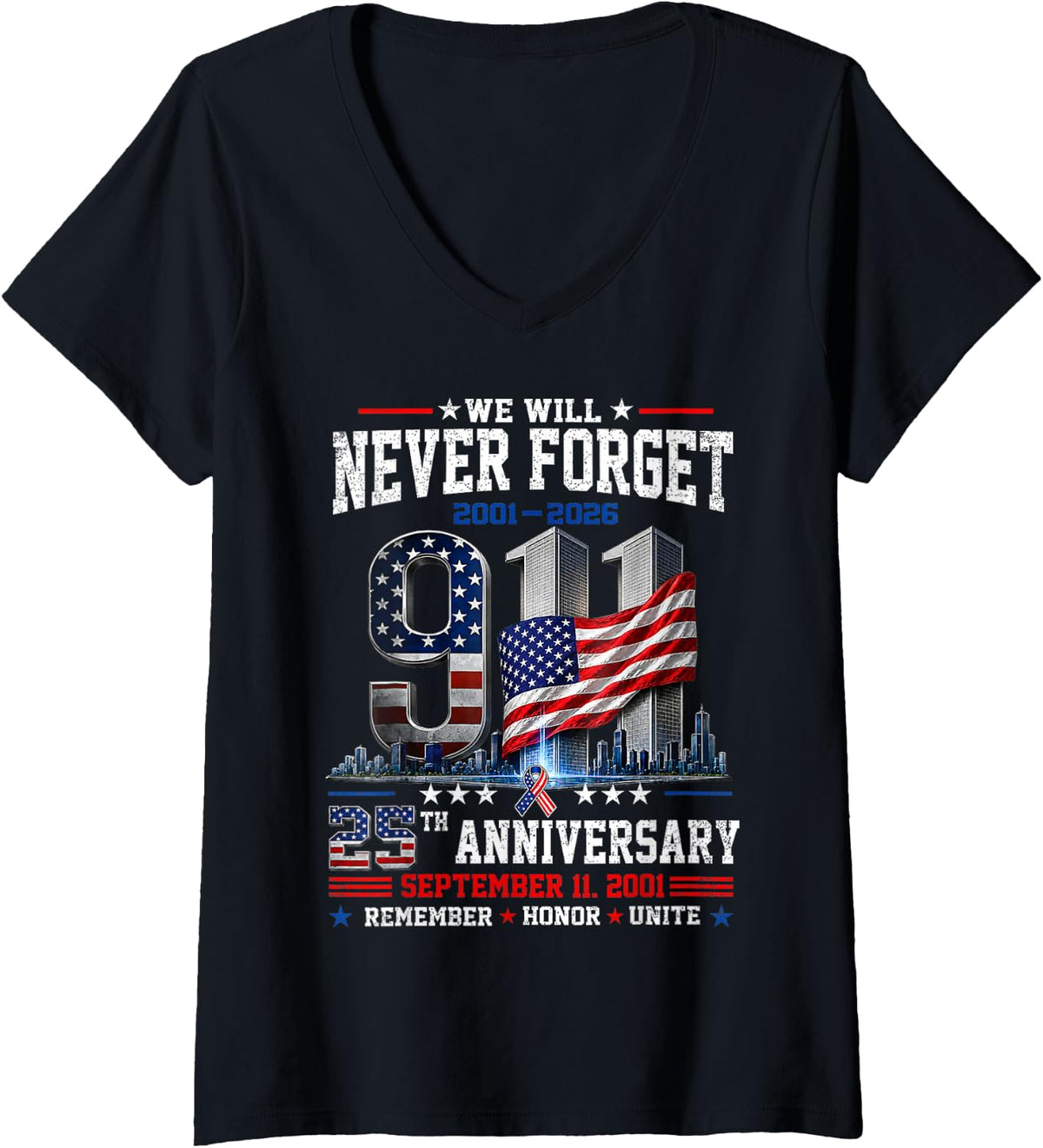 Women's 25th Anniversary September 11 2001 Memorial Day USA Flag V-Neck T-Shirt - Black