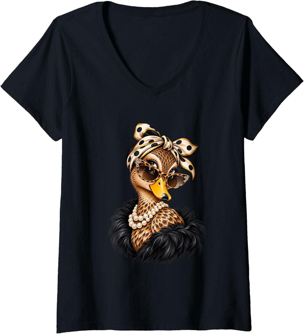 Women's Glam Mallard Duck Wearing Polka Dots Bandana Hunting V-Neck T-Shirt - Black
