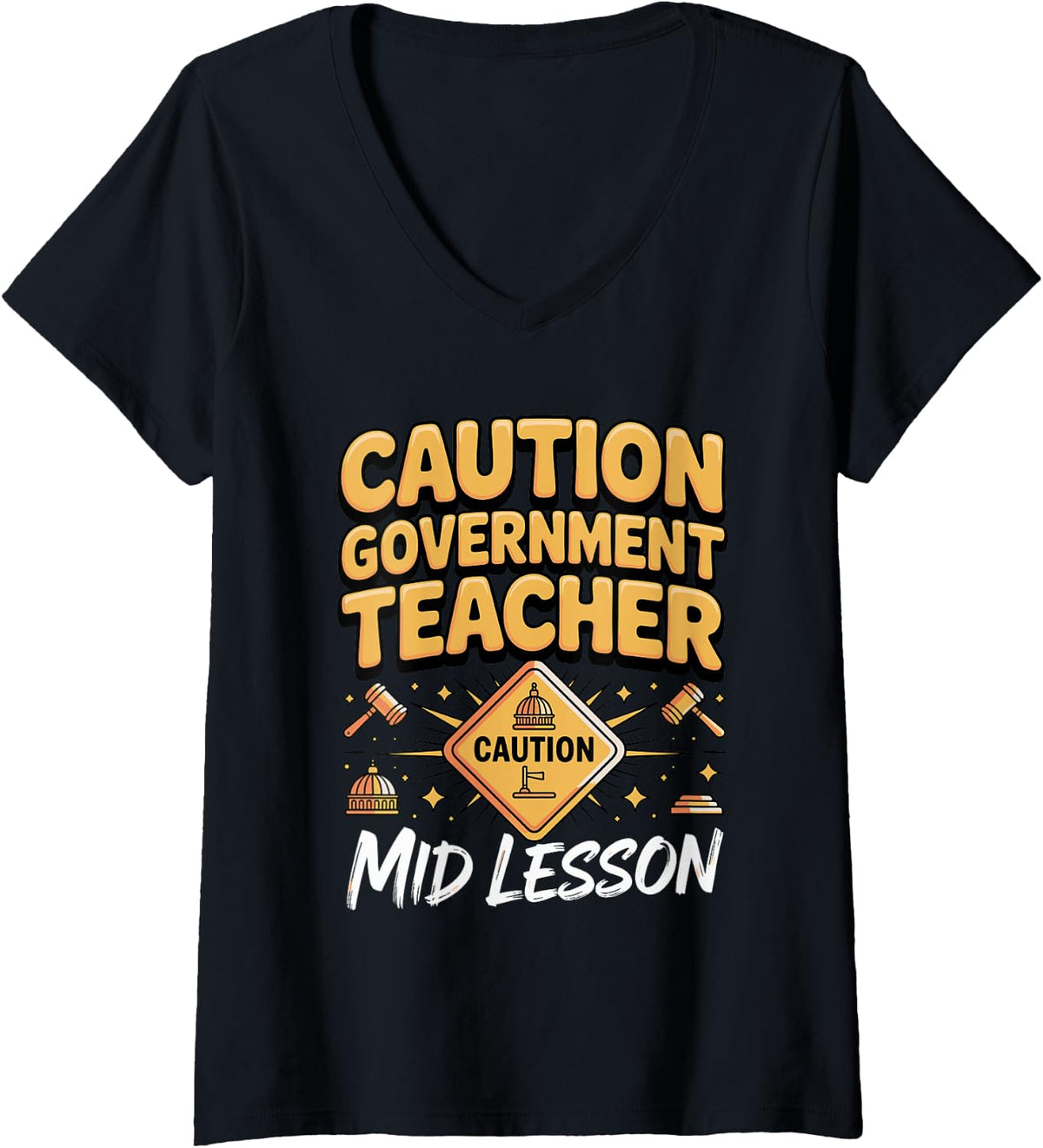 Women's Caution Government Teacher Mid Lesson V-Neck T-Shirt - Black