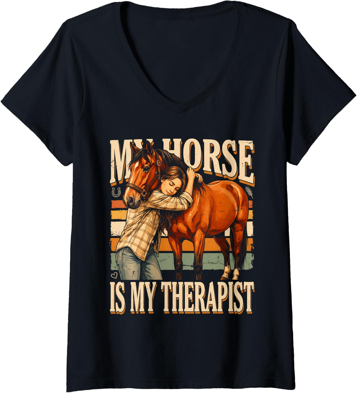 Women's My Horse is My Therapist Equestrian Riding V-Neck T-Shirt - Black