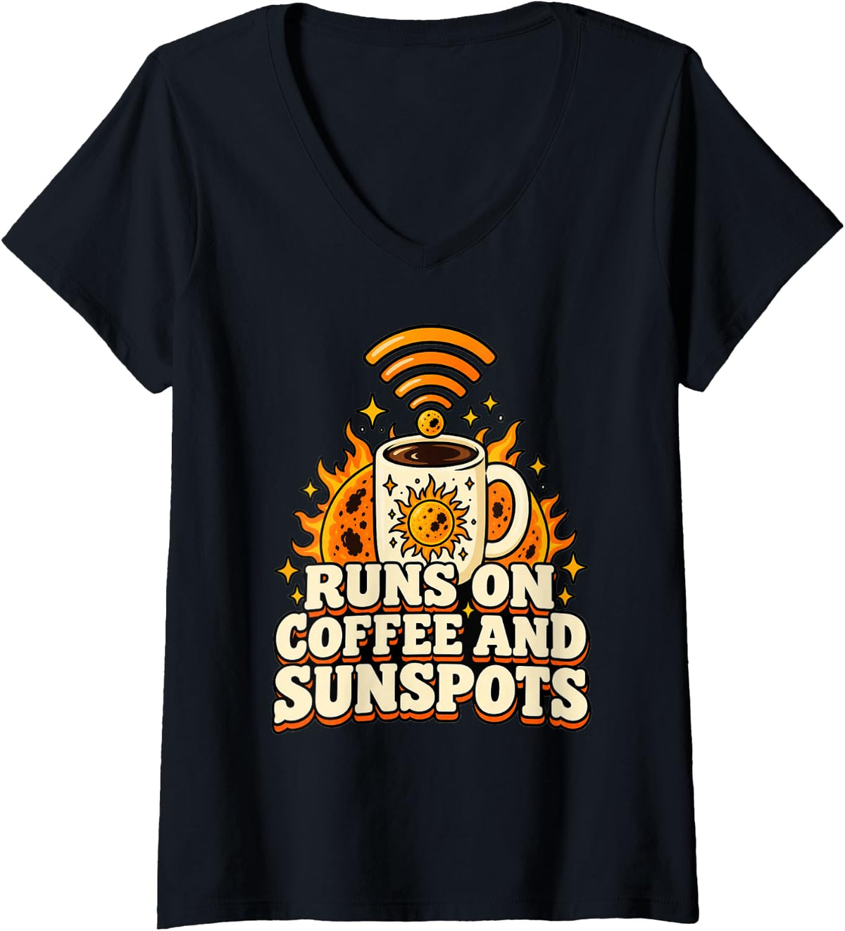 Women's Ham Radio Runs On Coffee and Sunspots Funny Operator V-Neck T-Shirt - Black