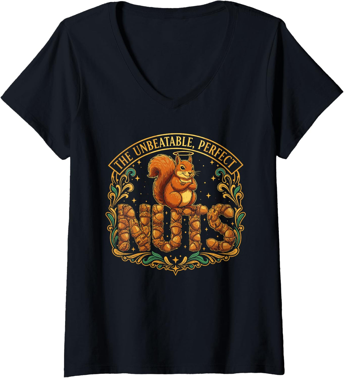 Women's Poker Player Perfect Nuts Squirrel Animal Graphic V-Neck T-Shirt - Black