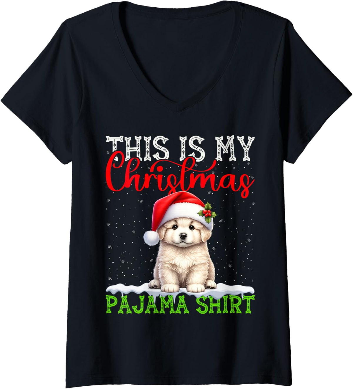 Women's This is My Great Pyrenees Ugly Christmas Pajama Sweater Xmas V-Neck T-Shirt - Black