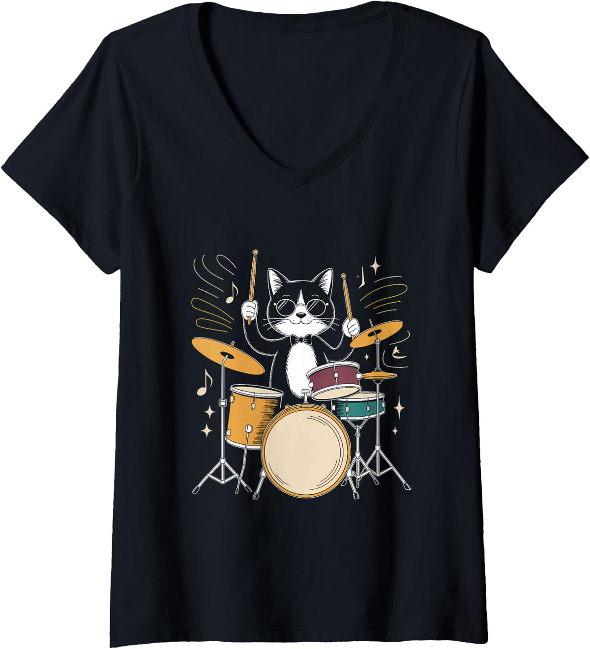 Women's Sunglasses Cat Drummer Jazz Percussion Music V-Neck T-Shirt - Black