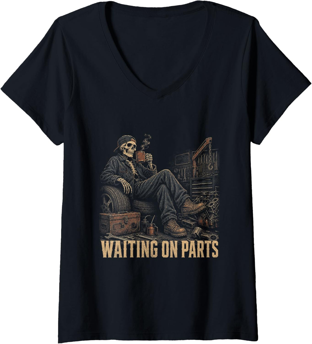 Women's Waiting On Parts Skeleton Funny Mechanic Auto Car Guy Men V-Neck T-Shirt - Black