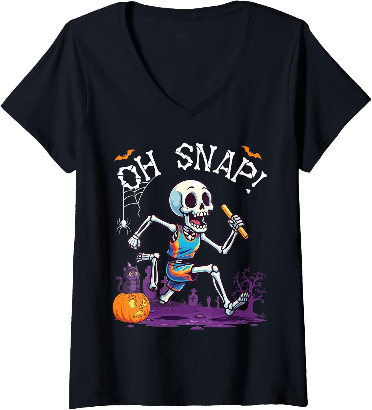 Women's Oh Snap Skeleton Playing Track and Field Spooky Halloween V-Neck T-Shirt - Black