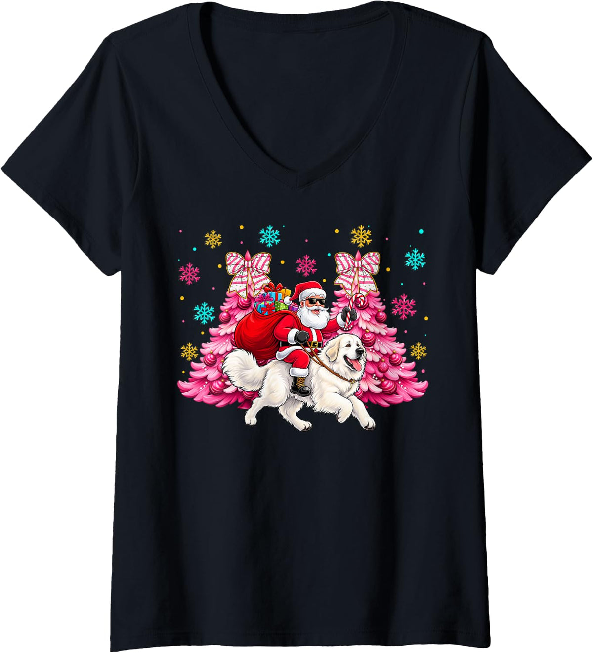 Women's Christmas Great Pyrenees Owners Kids Boys Girls Dog Xmas V-Neck T-Shirt - Black
