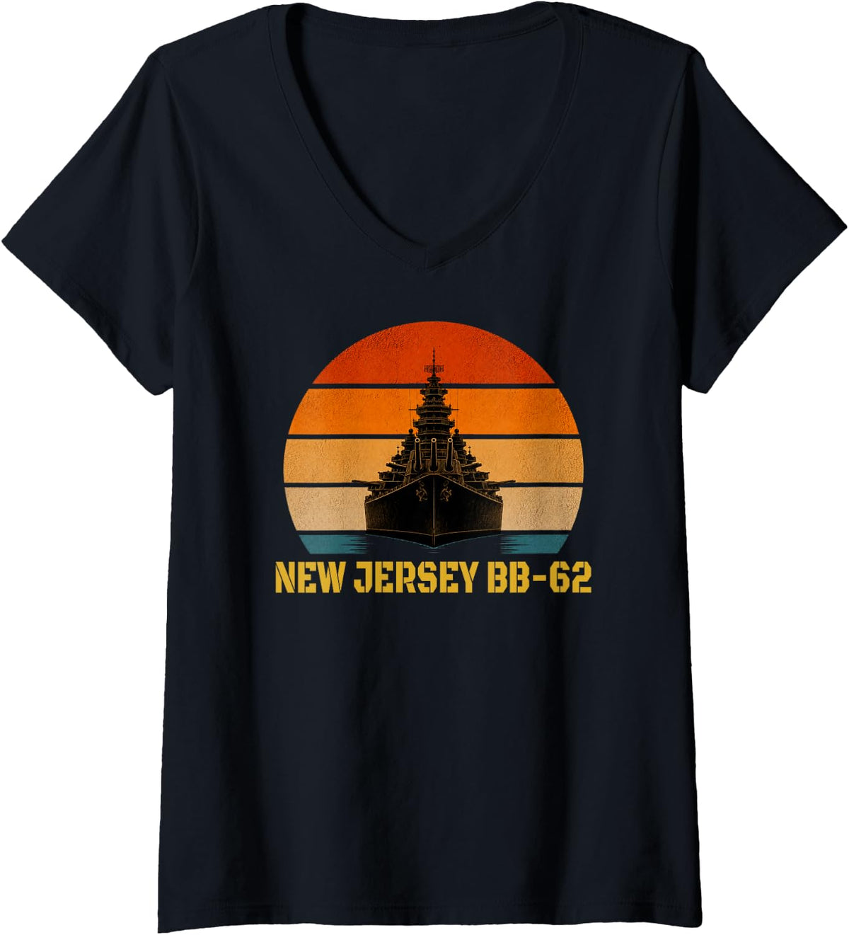 Women's Sunset & Battleship USS New Jersey BB-62 Veterans Day Sailor V-Neck T-Shirt - Black