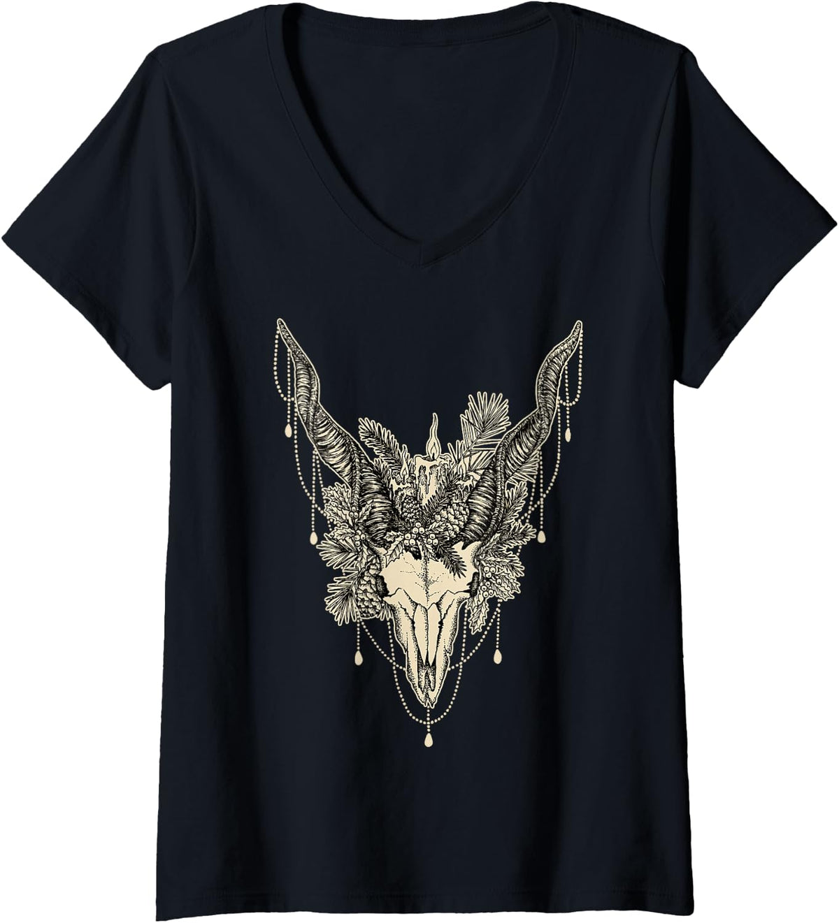 Women's Pagan Yule Goat Gothic Xmas Holiday Illustrated Animal Skull V-Neck T-Shirt - Black