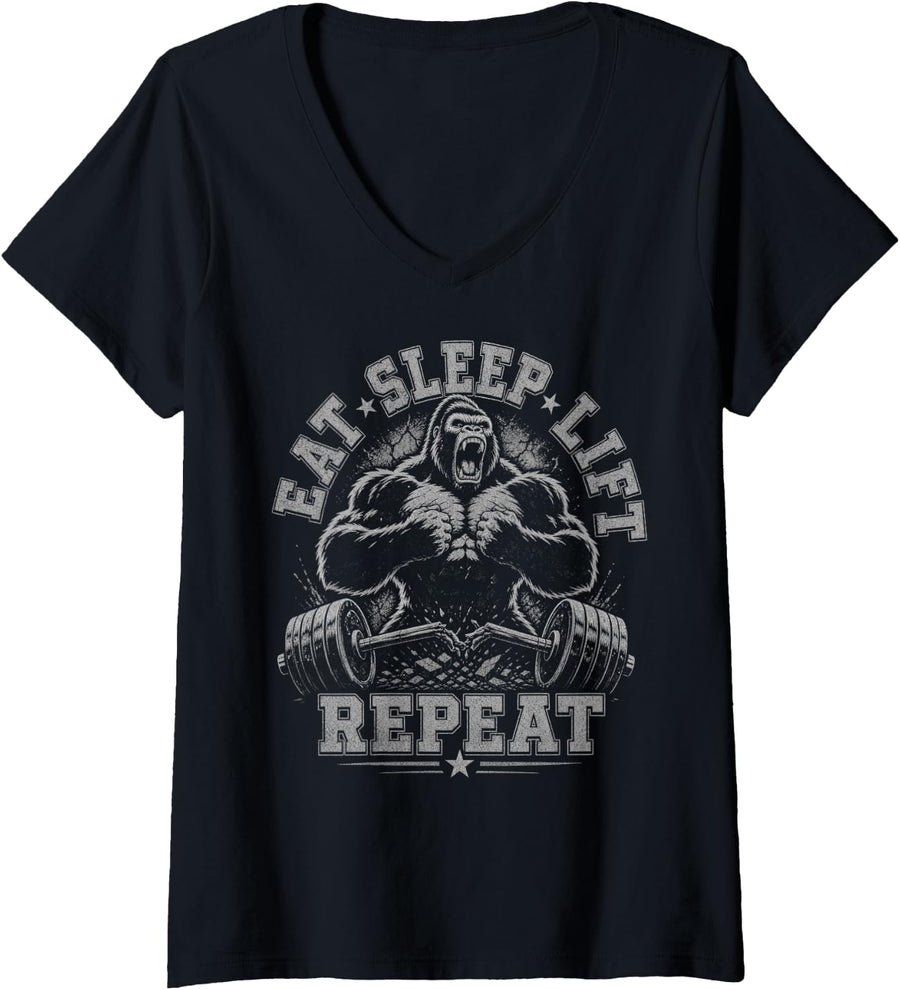 Women's Eat Sleep Repeat Gorilla Weightlifting Strength V-Neck T-Shirt - Black