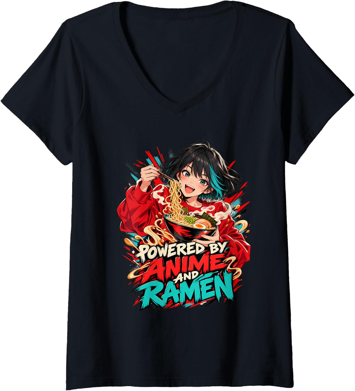 Women's Powered By Anime and Ramen Japanese Noodle Lover V-Neck T-Shirt - Black