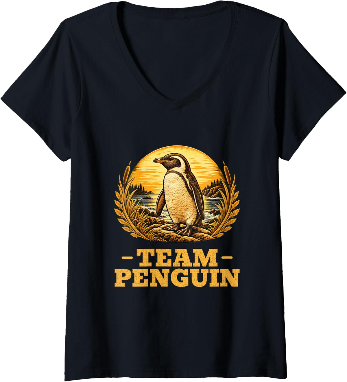 Women's Team Penguin Vintage Bird Retro Animal Lover V-Neck T-Shirt - Black