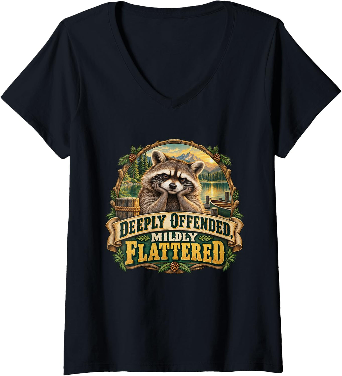 Women's Deeply Offended, Mildly Flattered Funny Raccoon Meme V-Neck T-Shirt - Black
