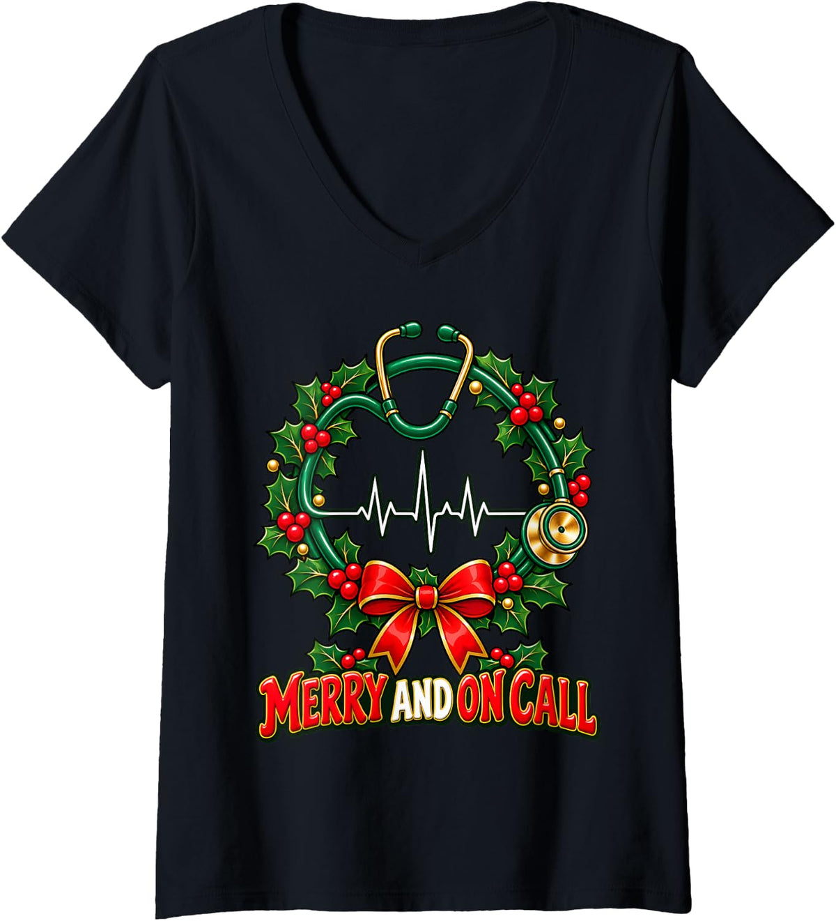 Women's Merry and On Call Christmas Nurse Stethoscope Wreath V-Neck T-Shirt - Black