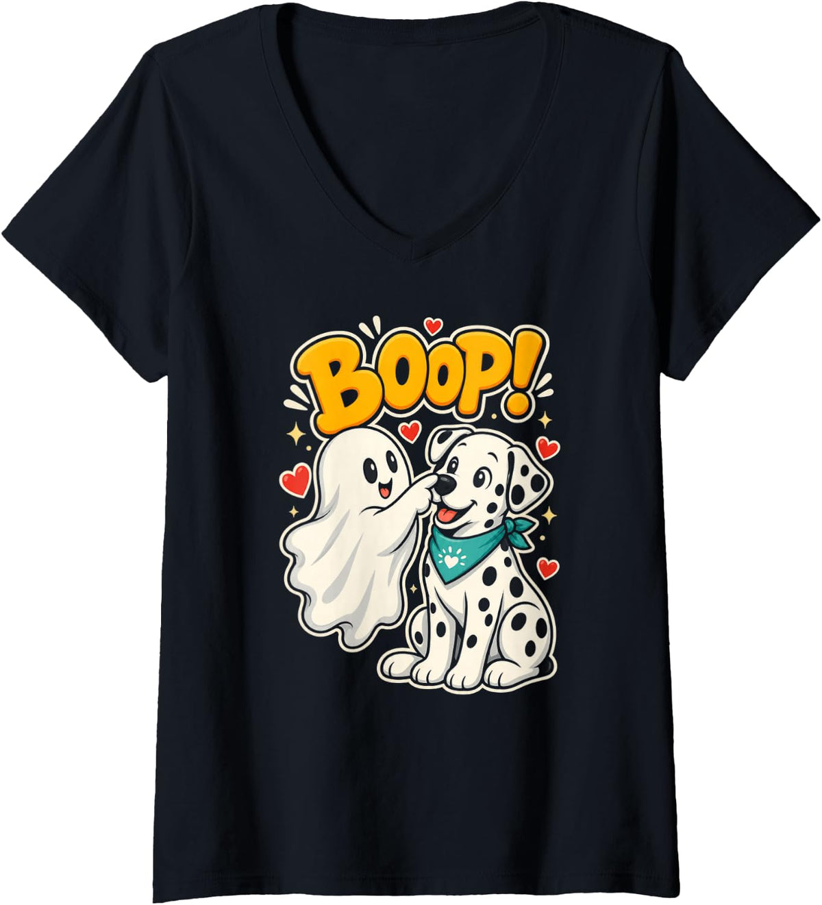 Women's Halloween Dalmatian Dog Lover Ghost Boop V-Neck T-Shirt - Black