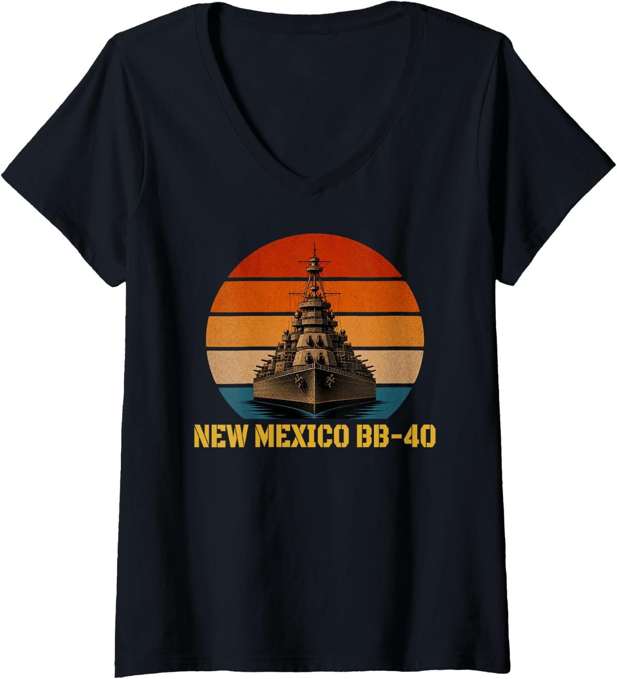 Women's Sunset & Battleship USS New Mexico BB-40 Veterans Day Sailor V-Neck T-Shirt - Black