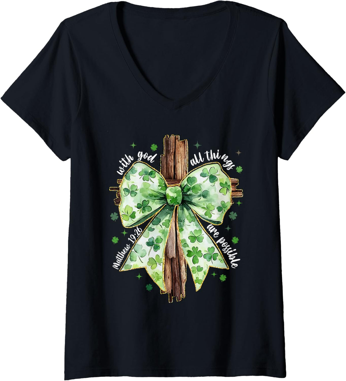 Women's Jesus Christian Coquette Bow St Patrick's Day Shamrock Irish V-Neck T-Shirt - Black