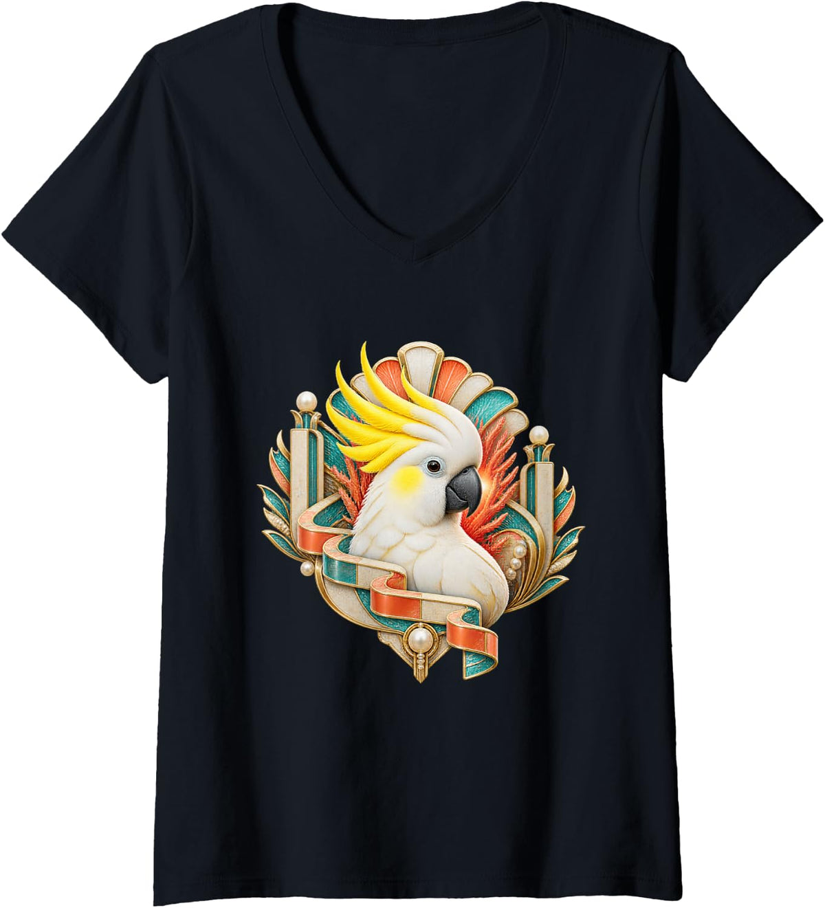 Women's Sulphur-Crested Cockatoo in Coral Deco Fan V-Neck T-Shirt - Black
