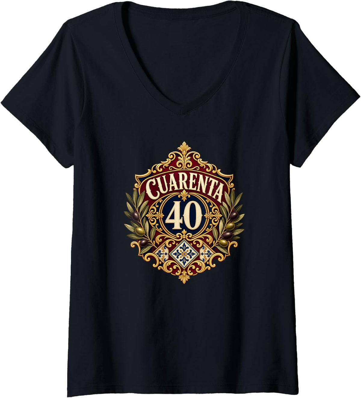Women's Cuarenta 40 Spanish Olive Hispanic Birthday Celebration V-Neck T-Shirt - Black