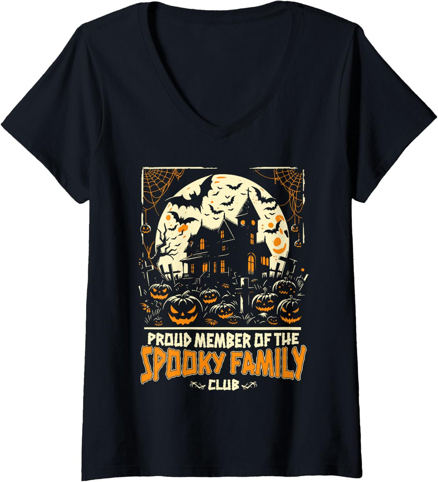 Women's Spooky Family Club Halloween Family Spooky Season V-Neck T-Shirt - Black