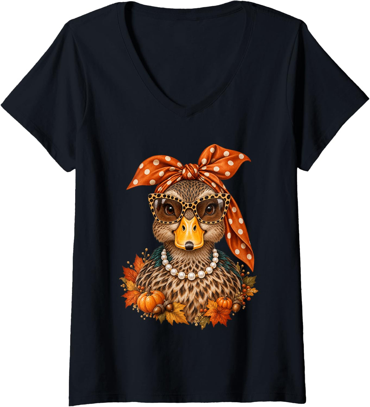 Women's Autumn Mallard Duck Leopard Glasses Polka Dot Bandana Season V-Neck T-Shirt - Black