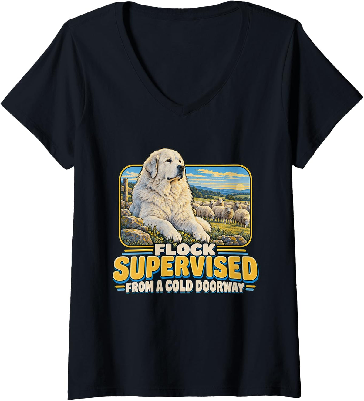Women's Flock Supervised from A Cold Doorway Dog Lover Graphic V-Neck T-Shirt - Black