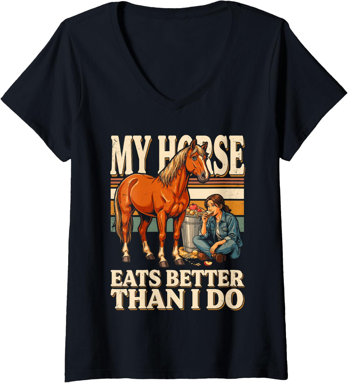 Women's My Horse Eats Better Than I Do Equestrian Humor V-Neck T-Shirt - Black