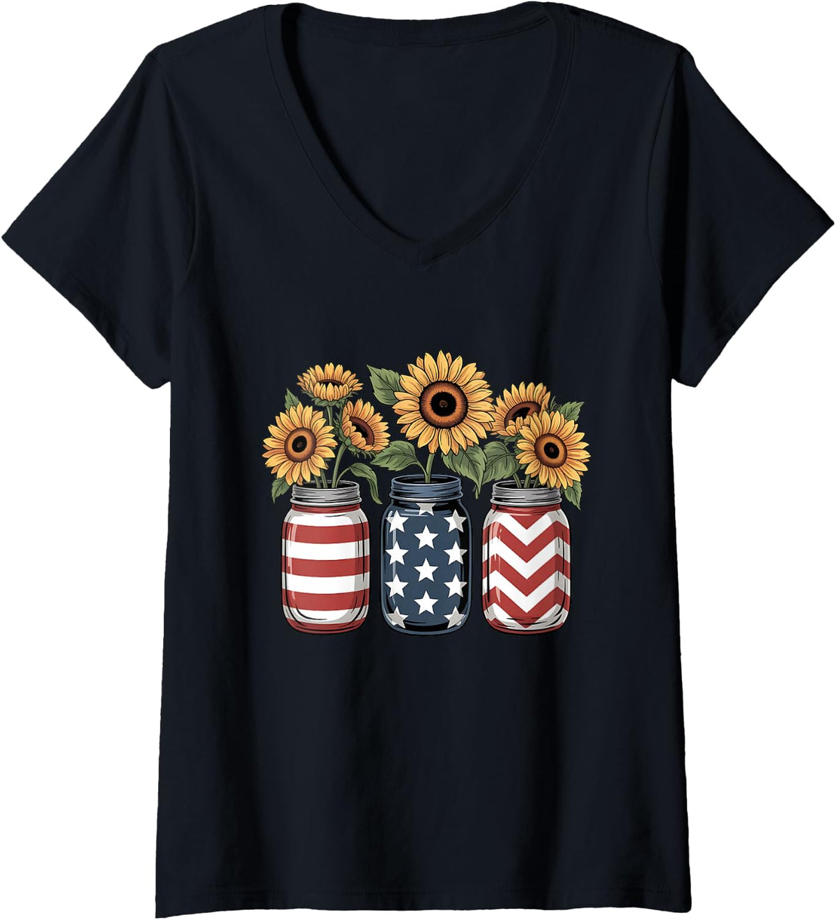 Women's America Sunflower Flag Flower 4th July American Patriotic V-Neck T-Shirt - Black
