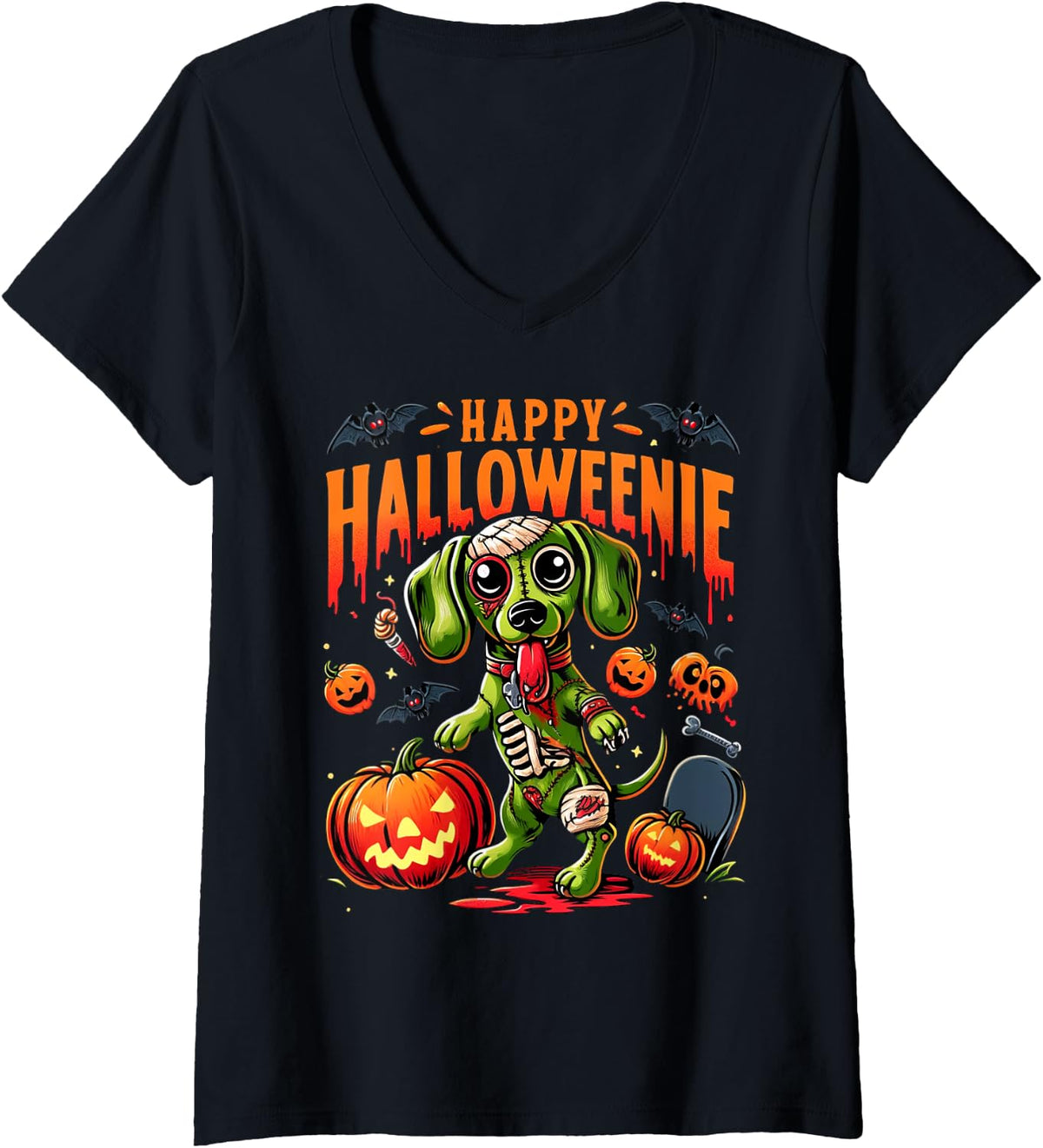 Womens Happy Halloween Mummy Dachshund Pet Owner Holiday Doggy V-Neck T-Shirt - Black