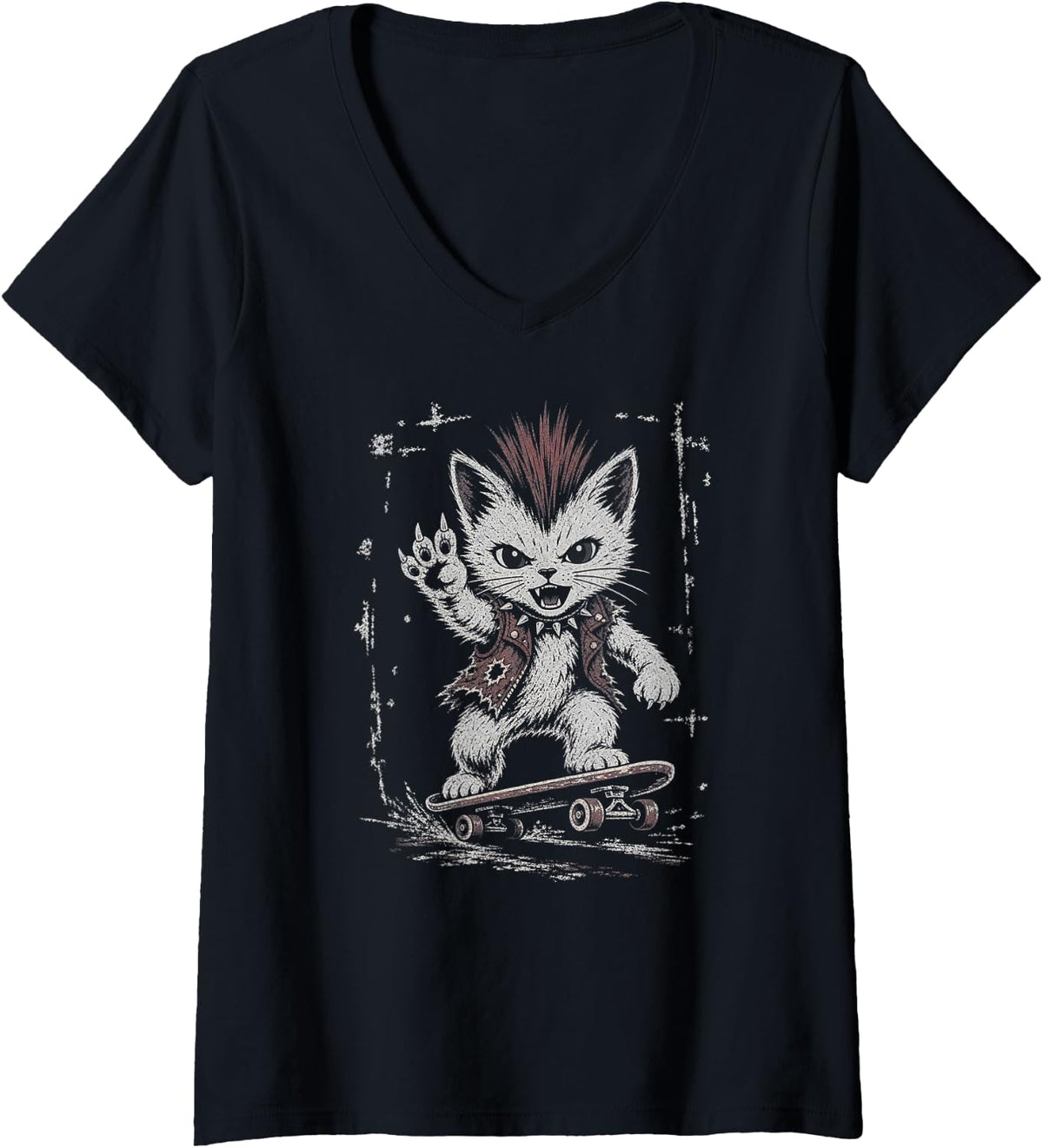 Women's Punk Rock Kitten Skateboard Cat V-Neck T-Shirt - Black