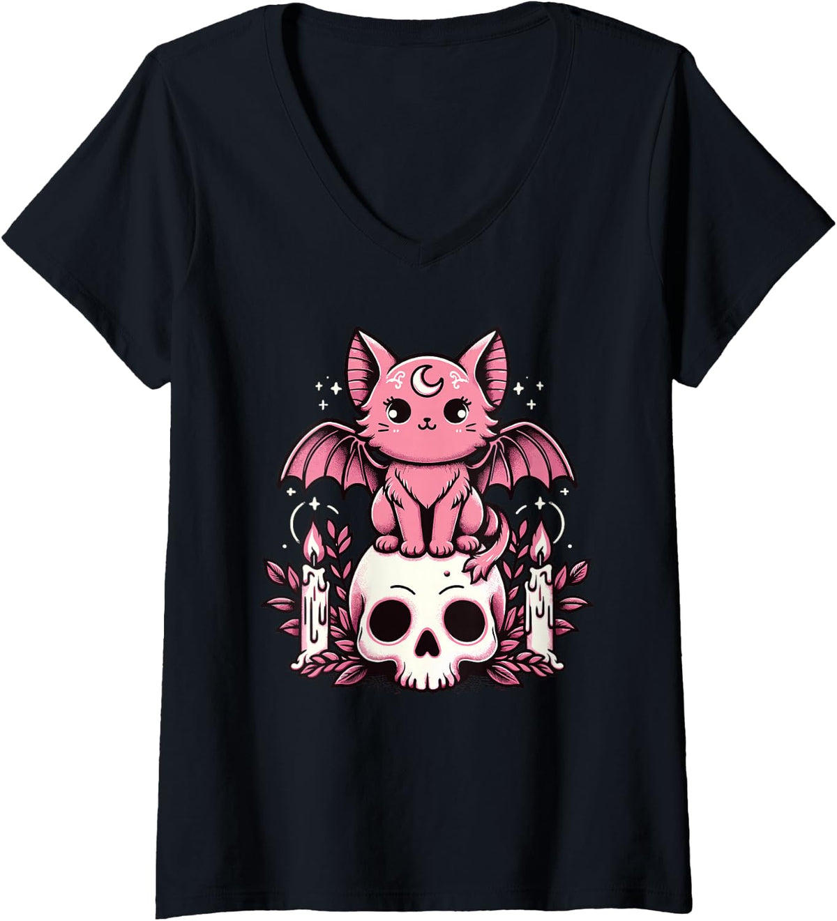Womens Kawaii Pastel Goth Cute Creepy Cat Bat Skeleton V-Neck T-Shirt - Black