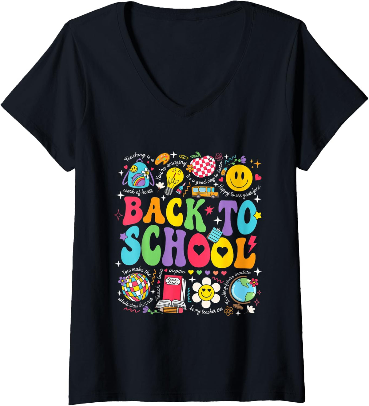Women's Teacher Kids Back to School First Day of School Retro Groovy V-Neck T-Shirt - Black