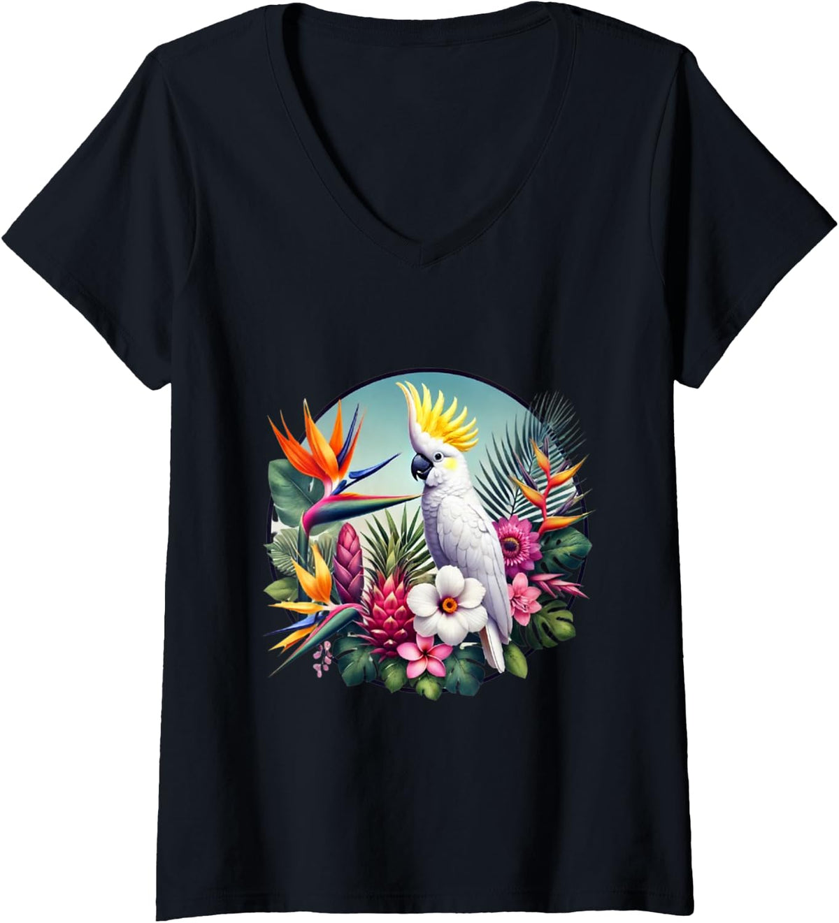 Women's Cockatoo Tropical Bird Flowers and Plants V-Neck T-Shirt - Black