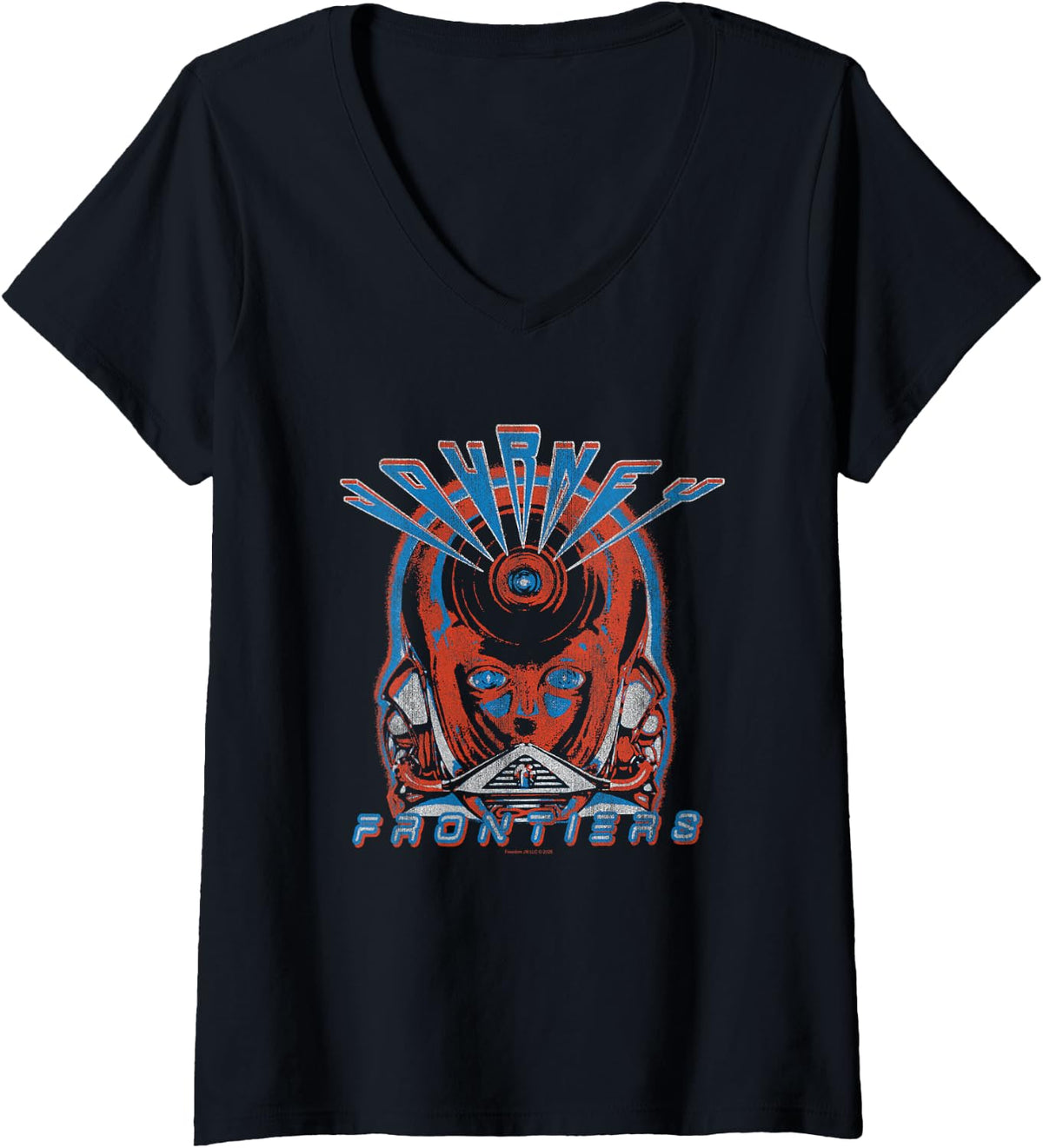 Womens Journey Frontiers Iconic Cover Retro Big Chesr Poster V-Neck T-Shirt - Black