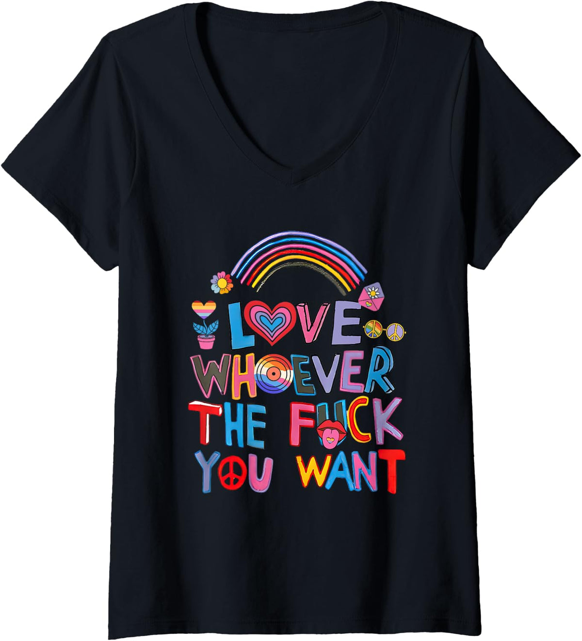 Womens Love Whoever The F You Want LGBTQ Rainbow Pride Cute Hearts V-Neck T-Shirt - Black
