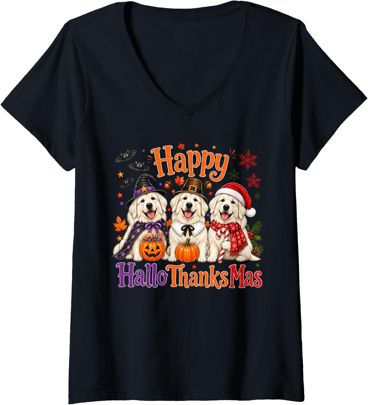Women's Great Pyrenees Happy Hallothanksmas Halloween Thanksgiving V-Neck T-Shirt - Black