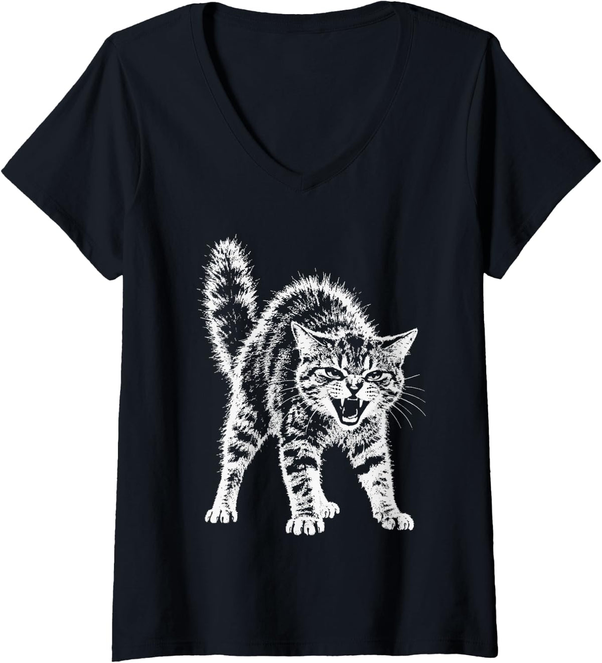 Women's Sassy Hissing Cat Y2k Grunge Aesthetic Rebellious Kitten V-Neck T-Shirt - Black