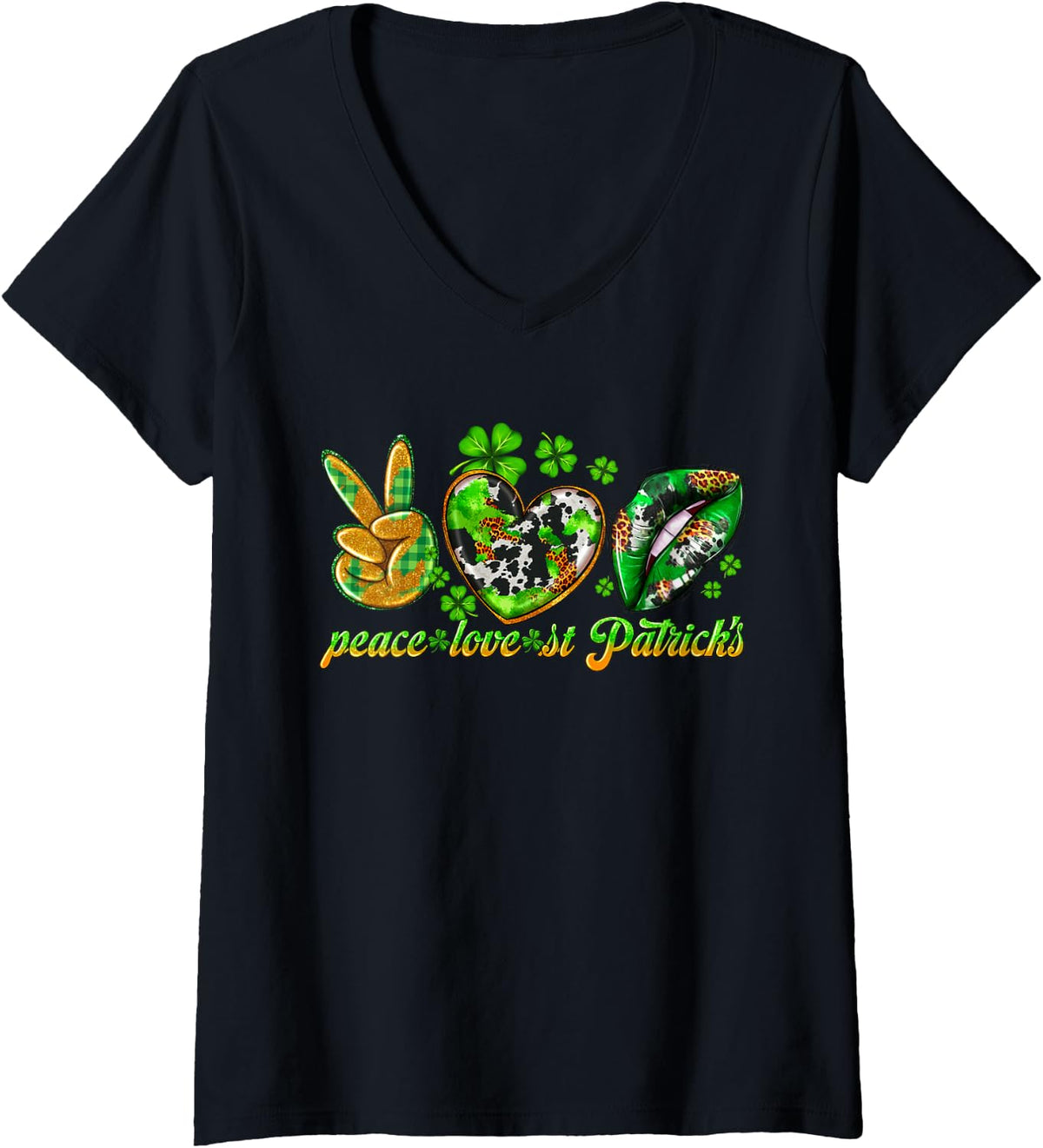 Women's Peace Love St Patricks Day Plaid Hearts Irish Leopard Lips V-Neck T-Shirt - Black