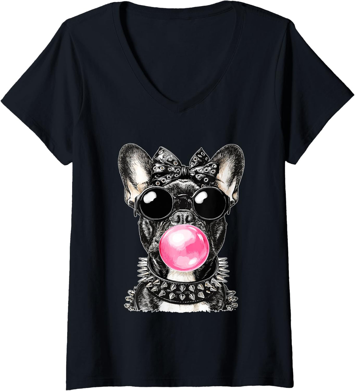 Women's French Bulldog with Sunglasses Punk Dog Bubblegum Gothic V-Neck T-Shirt - Black