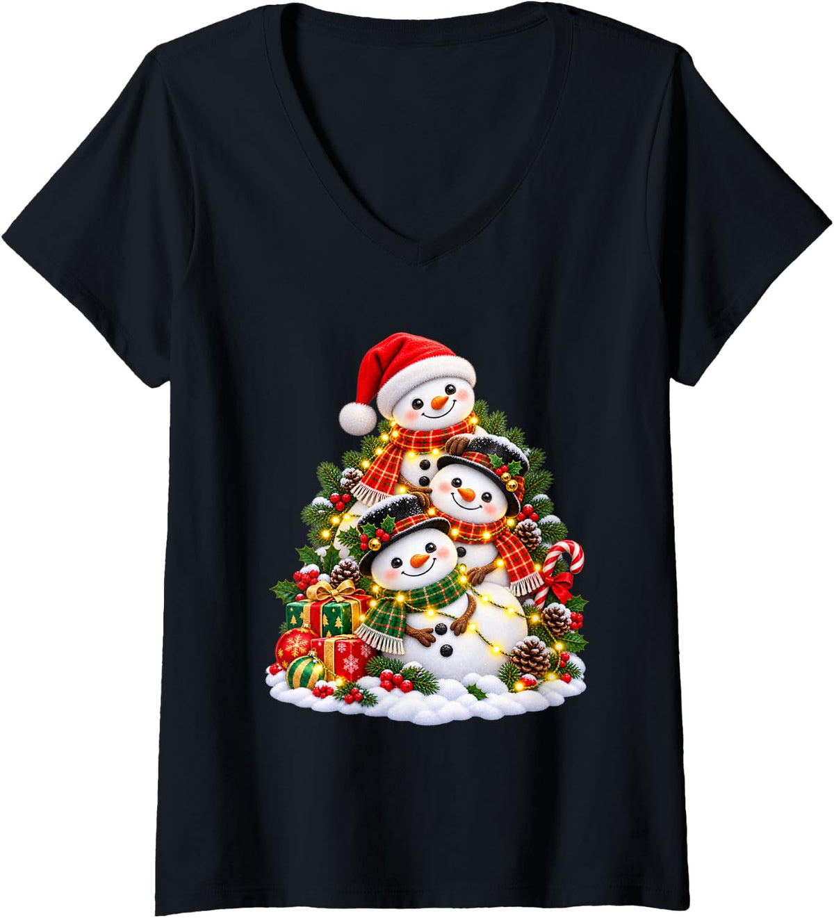 Women's Jolly Sloth Christmas Animal Lover Graphic V-Neck T-Shirt - Black