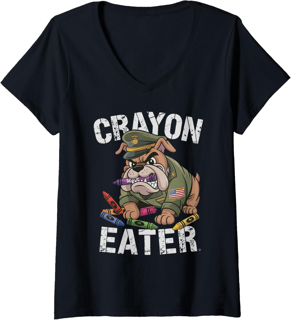 Women's Cute Crayon Eater Military Boot Camp Dog Jarhead Joke V-Neck T-Shirt - Black