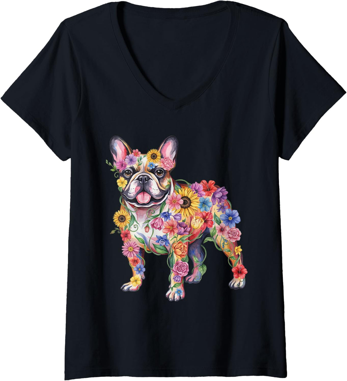 Women's French Bulldog Floral Frenchie Mama V-Neck T-Shirt - Black