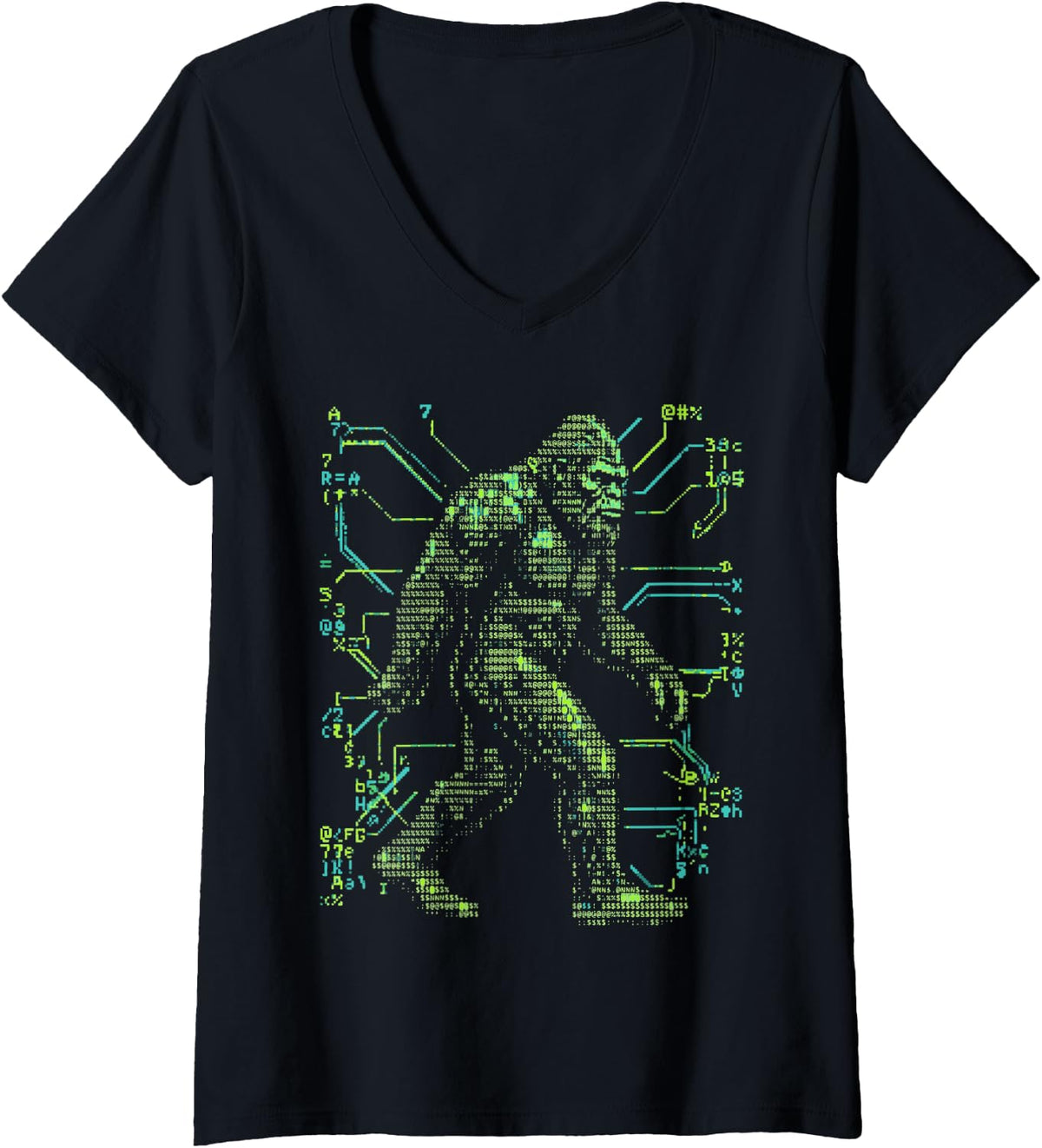 Women's Cyberpunk ASCII Face Code Art V-Neck T-Shirt - Black