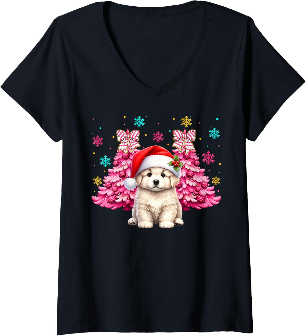 Women's Santa Hat Great Pyrenees Christmas Puppy Dog Xmas Boys Girls V-Neck T-Shirt - Black