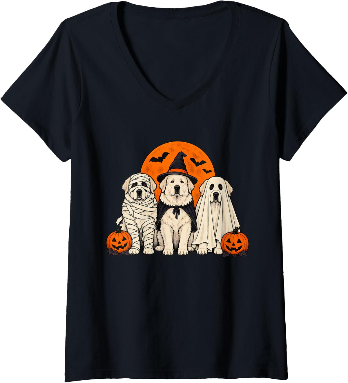 Women's Halloween Great Pyrenees Mummy Witch Ghost Costume Trio V-Neck T-Shirt - Black