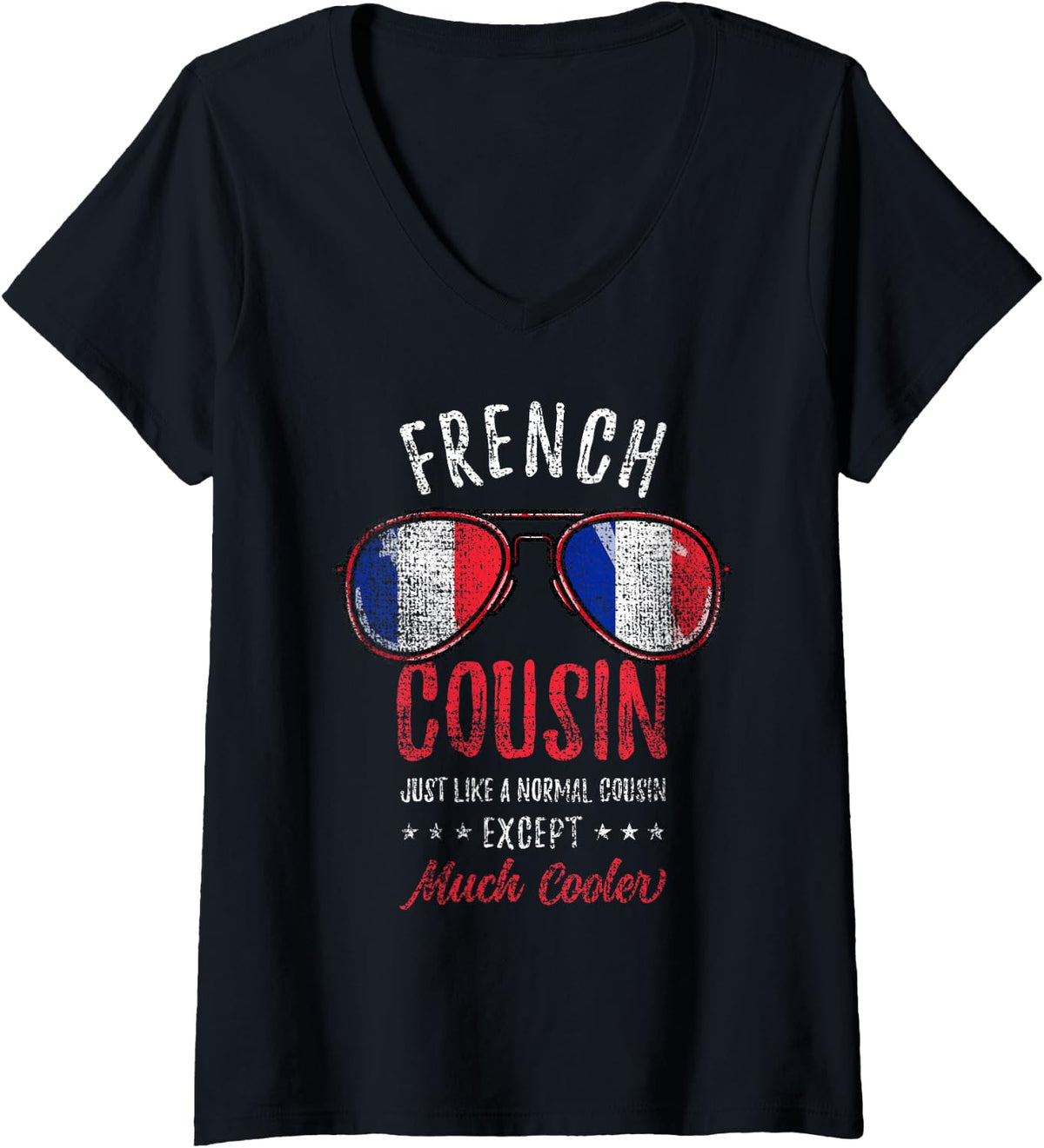 Women's Cool French Cousin Sunglasses French Family Vintage V-Neck T-Shirt - Black