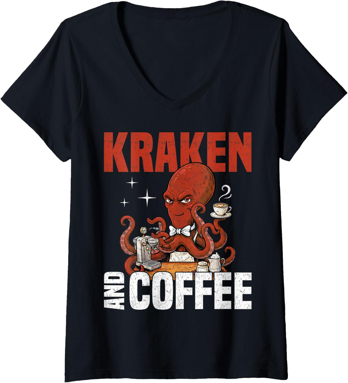 Women's Kraken and Coffee Octopus Caffeine Lover V-Neck T-Shirt - Black